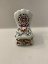 Rochard Limoges Hand Painted Porcelain Trinket Box Pink and Gold Floral Chair picture