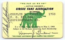 1969 CIRCUS FANS ASSOCIATION OF AMERICA MEMBERSHIP CARD CHARLES R JACKSON P5026 picture