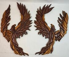 Handmade Intarsia Phoenix Wood Carving Wall Plaques Wooden Inlay 22” Set Of 2 picture