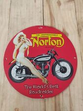 RARE NORTONMOTORCYCLE PINUPGIRL STYLE PORCELAIN GARAGE MANCAVE GAS OIL PUMP SIGN picture