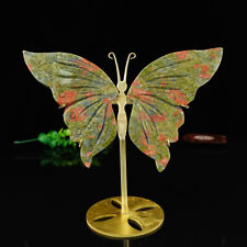 5 Inch Carved Crystal Unakite Stone Butterfly Wings Skull Decor + Copper Holder picture