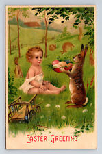 Anthropomorphic Easter Bunny Rabbits Offer Eggs to Baby Farm Field Cart Postcard picture