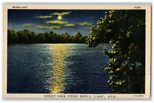 c1940 Greetings From Moonlight Night River Shell Lake Wisconsin Vintage Postcard picture