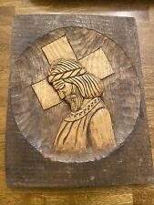 Carved Wooden Jesus Carrying Cross  Wood Art Large Hand Made Holy Church 13”x11” picture