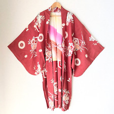 Japanese Vintage Haori Long Red Full of flowers Pattern Silk Kimono Gown Robe picture