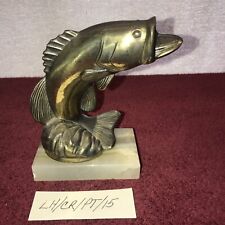 Vintage Jumping Bass Fish Statuette Paperweight Figure - Brass & Marble Base picture