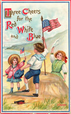 1909 4TH OF JULY PC THREE CHEERS FOR RED WHITE & BLUE CHILDREN AT BEACH FLAGS picture