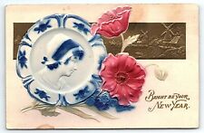 c1910 BRIGHT BE YOUR NEW YEAR FLORAL BLUE WILLOW PLATE EMBOSSED POSTCARD P3370 picture