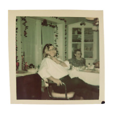 Crossdressing on Christmas Snapshot 1960s Man Wearing Wig at Dinner Party B3452 picture