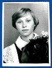 Soviet Schoolgirl, cute Girl Pioneer with a bouquet of flowers Vintage Photo picture