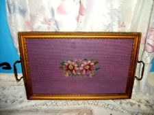 ANTIQUE NEEDLEPOINT VANITY TRAY COTTAGE CORE FLOWERS PURPLE GILT FRAME 1920s picture