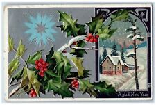Neosho Wisconsin WI Postcard New Year Holly Berries House Snow Winter 1912 picture