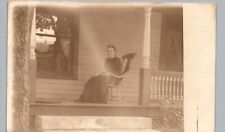 OLD WOMAN PORCH CHAIR troy oh real-photo postcard rppc ohio history ~exact spot picture