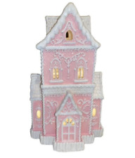 Christmas PINK Victorian Glitter Lighted Gingerbread Hand Painted House 14