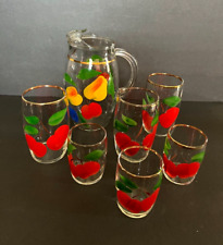 Vintage MCM Juice/water glasses & pitcher apple design lot 7 pc hand painted picture