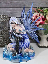 Elemental Ice Goddess Blue Fairy With Baby Dragon Hatchling Statue 12.25