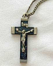 Vintage Silver Wood Crucifix Jesus Made in France Christian Church Pendant chain picture