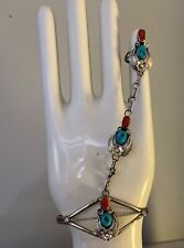 NAVAJO SAM TOM STERLING TURQUOISE CORAL 3pc SLAVE BRACELET BYPASS RING SIGNED T picture