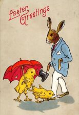 Easter Greetings Postcard Creepy Dressed Bunny Rabbit Top Hat Chick /w Umbrella picture