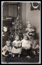 Vintage Postcards RPPC Six Children and Toddler around Christmas Tree picture