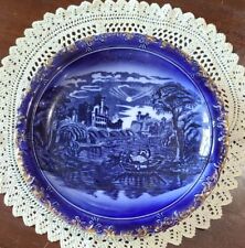 ANTIQUE VINTAGE FLOW BLUE DECORATIVE WALL PLATE WITH GOLD GILT ♡ 10.25