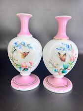 Bohemian Harrach 19th c. Pink & White Opaline Vase Butterflies & Flowers Pair 2 picture