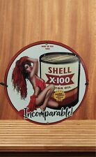 SHELL X-100 MOTOR OIL PINUP GIRL PORCELAIN GAS PETROL SERVICE STATION PUMP SIGN picture
