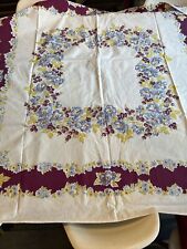 Vintage Kitchen Maroon White Tablecloth Blue Flower Cottagecore Textile 48”x 42” picture