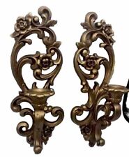Vintage MCM Gold Wall Sconces Candle Holder Floral Pair Hollywood Regency Fun picture
