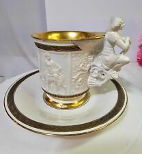 Vtg RPM Royal Porzellan Manufaktur Porcelain w gold Cup & Saucer w Figurine-READ picture