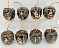 Tole Hand Painted Snowman Santa Claus Dark Red Wood Apple Ornaments Set Of 8 picture