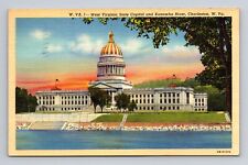 c1941 Linen Postcard Charleston WV West Virginia State Capitol & Kanawha River picture