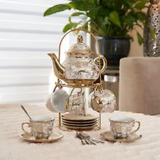 20 Pieces Tea Set Pot 6 Cups Saucers Rack Coffee Gold Cups Porcelain Gift Party picture