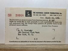 1954 National Cancer Foundation Inc Contribution Receipt New York City NY NYC picture