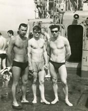 Shirtless Handsome young men NAVY sailor bulge beach trunks gay vtg photo picture