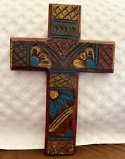 Vintage Wall Wood Carved Cross Mexican Hand Painted 9in Tall 6in Wide Rustic picture