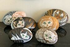 Vintage Set of 6 Hand Painted Cats on Rocks Paperweights Signed by Artist IKU picture
