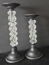 PIER 1 Glass & Black Wood Candle Stick Holders Set of 2 RETIRED picture