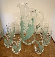 Pitcher & 6 Vtg Lilly of the Valley Glass Tumblers, 5 1/2