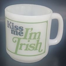 Vintage Glasbake 77 Milk Glass Green Kiss me I'm Irish Coffee Mug Tea Cup picture