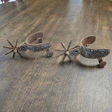 2 Antique Cowboy Western Boot Spurs Hand Forged Iron Large 8 Point Star picture