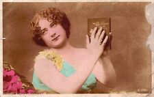 Vintage Postcard Beautiful Face Young Lady Book Short Haired Photograph picture