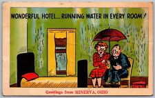 Minerva Ohio 1940s Comic Humor Postcard Running Water Hotel Couple Umbrellas picture