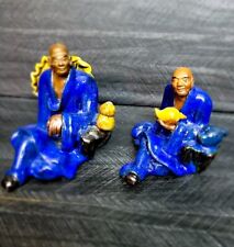 Antique Chinese Cerulean Glaze Mudmen Mudman Figurines Blue Robe Lot Of 2 picture
