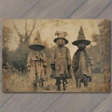 POSTCARD Weird Creepy Old Fashion Vibe Kids Halloween Cult Unusual Mask Alien picture