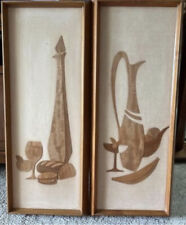 MCM Vintage BELART Teak Wood 3D Wine Ewer-Carafe Still Life Art~32 x 13 Set of 2 picture
