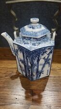 Vintage Japanese Tea Pot Kettle White And Blue Porcelain Marked Bottom picture