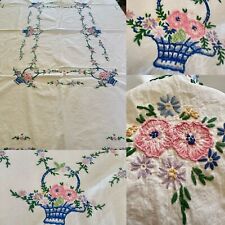 Vtg Hand Embroidered Tablecloth Flower Basket Floral Cottage Farm 49x64 picture