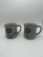 Pair Of Vintage Otagiri Tan Blue Speckle Stoneware Coffee Mug Floral Excellent picture