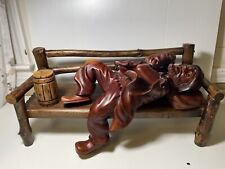 Vintage Large Wood Carving Figurine Drunk Man Sleeping On Bench With Accordion picture